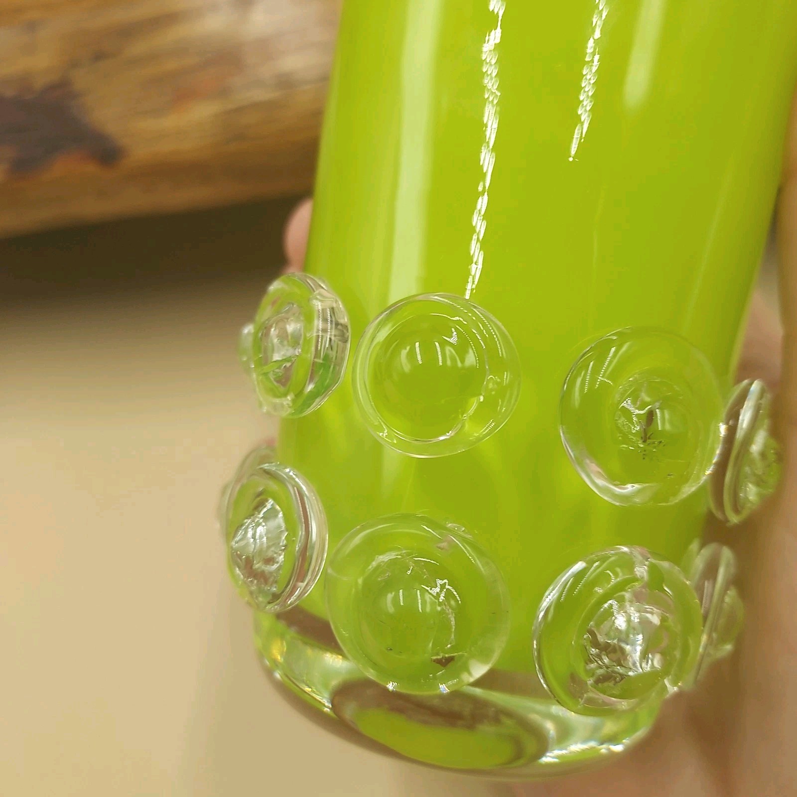 Vtg MCM Lime Green Art Glass Vase PRUNTS Thick Empoli Style Italian / Chartreuse