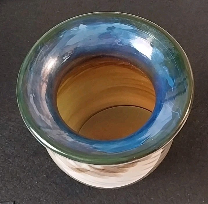 VTG Signed Nancy Freeman Art Glass Vase Peacock Feather 6.5″ Amazing & Perfect!!