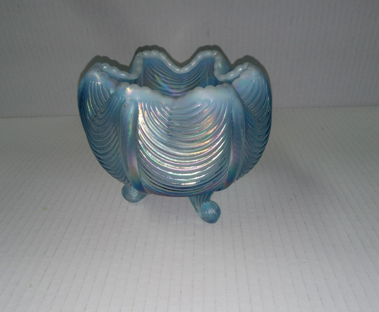 Fenton Blue Opalescent Glass Three Footed Rose Bowl Vase Drape