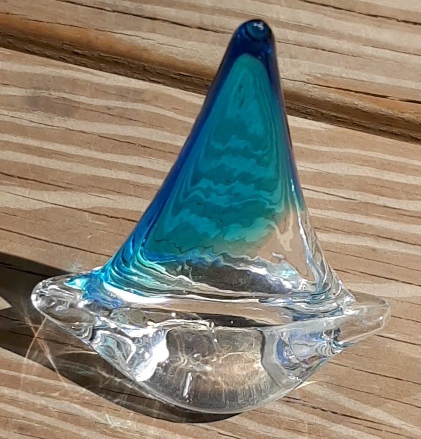 Vintage Art Glass Sailboat Sculpture Figure Blue Clear Ocean Nautical 4.75″H