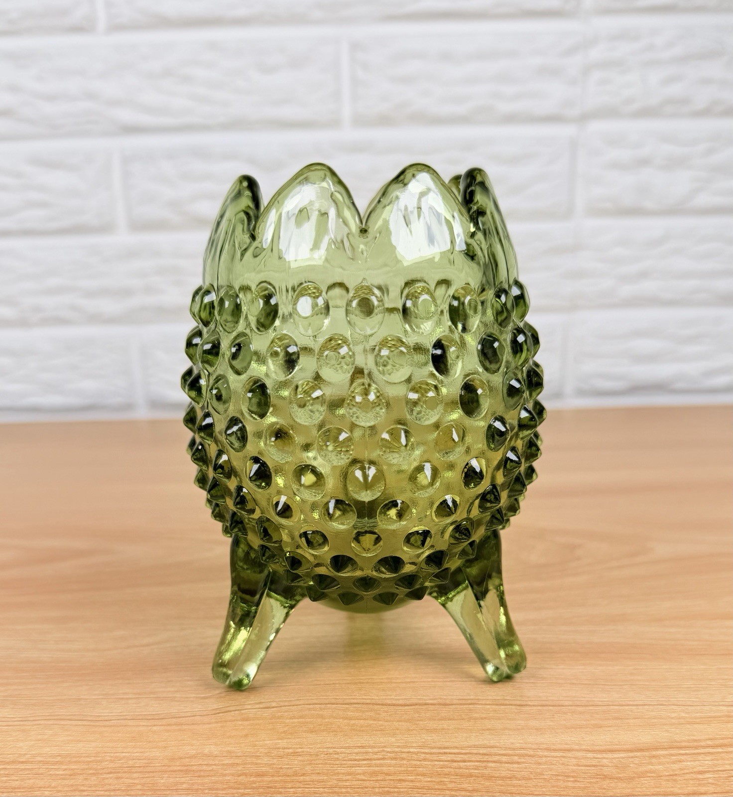 Fenton Olive Green Uranium Glass Hobnail 3 Footed Rose Bowl Vase Low Glow UV
