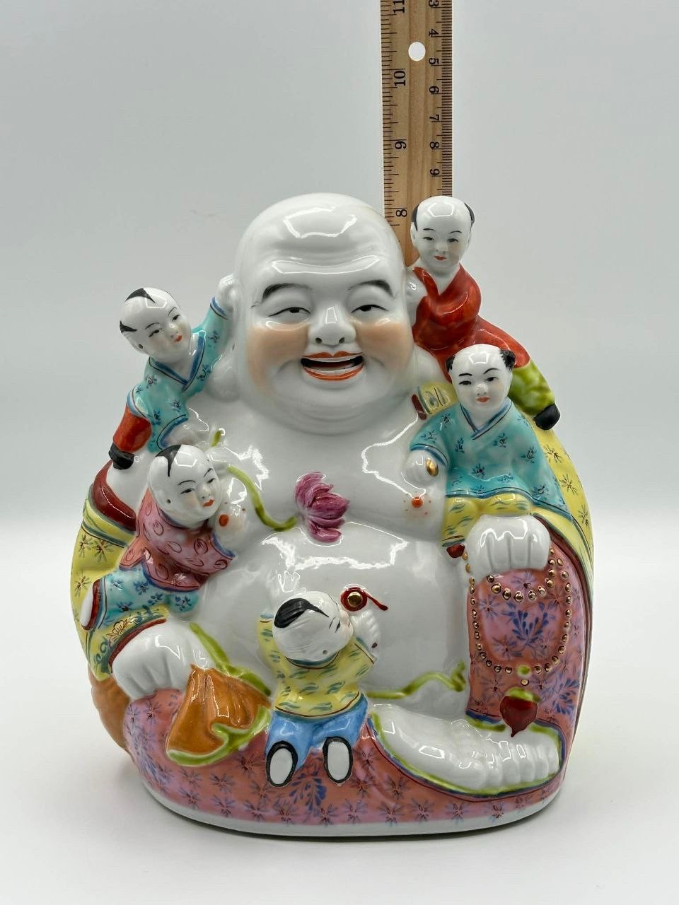 Vintage Chinese Porcelain Laughing Buddha Budai w/ Children Famille Rose 8″