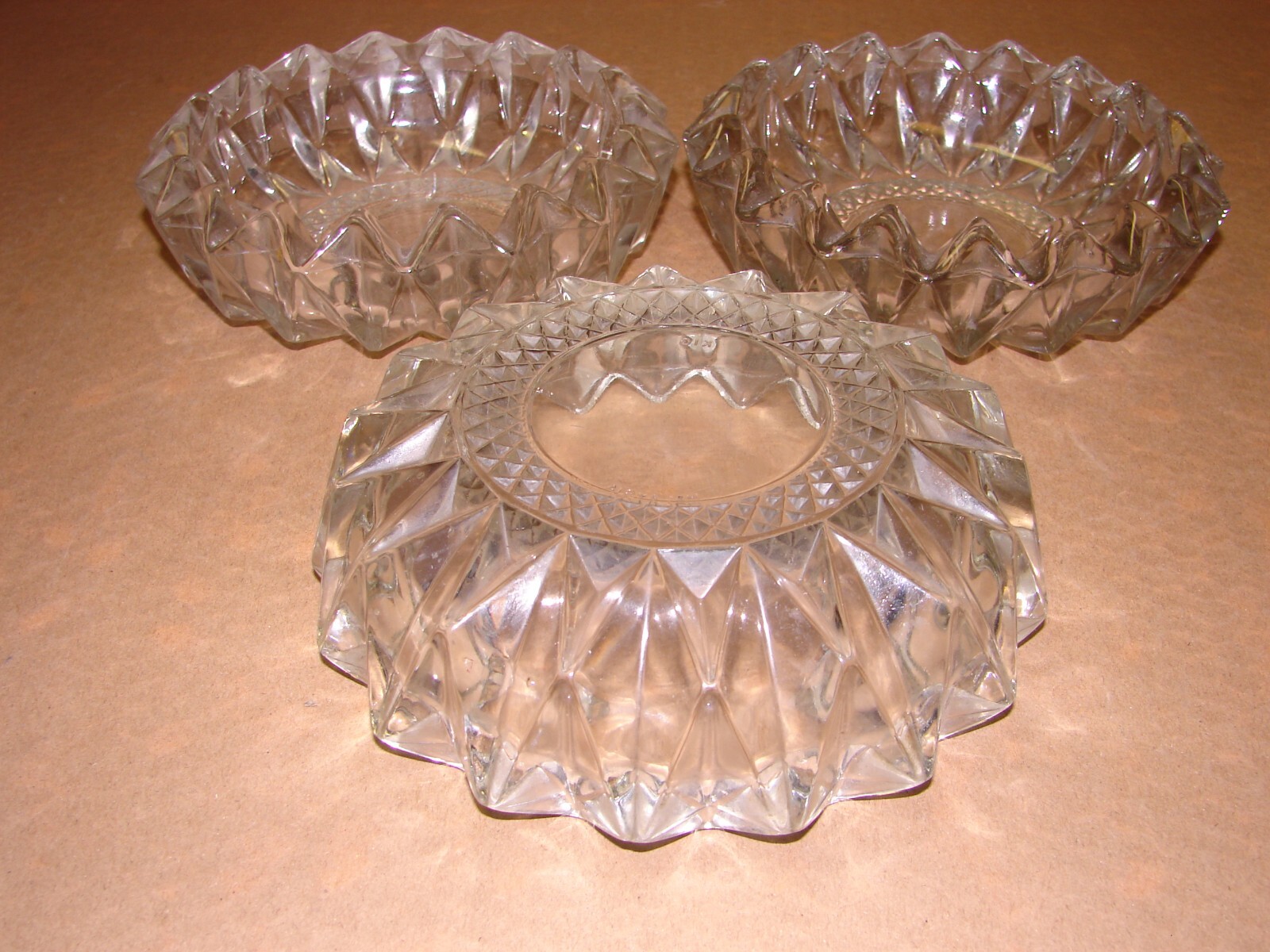 Lot of 3 Vintage KIG Indonesia Diamond Pressed Glass Clear Round Heavy Ashtrays