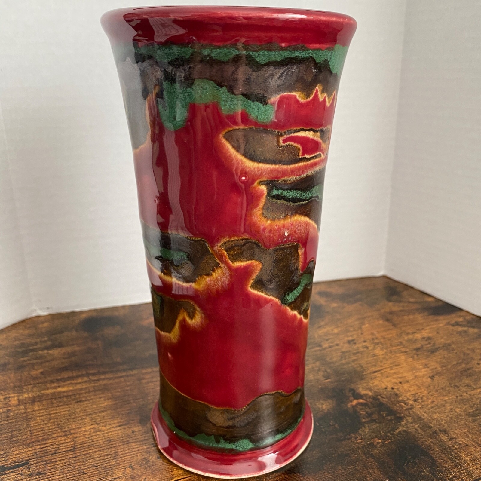Studio Art Lava Drip Glaze Vase Pottery Red Green Vintage Signed by Artist