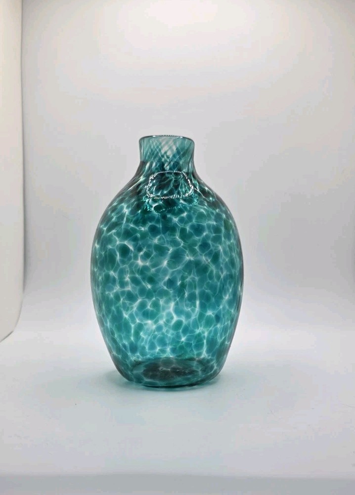 Hand Blown Speckled Art Glass Vase Teal Blue Signed 5.75″