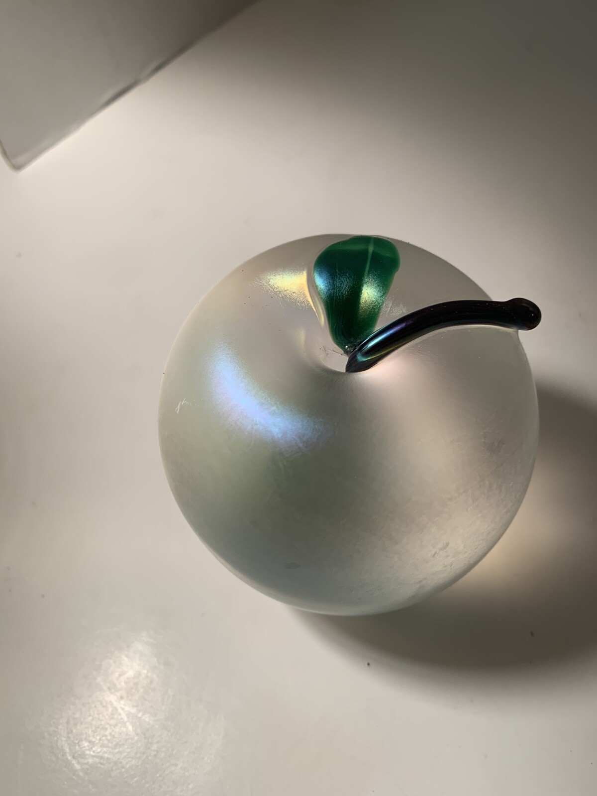 zellique studios hand blown carnival iridescent art glass apple paperweight