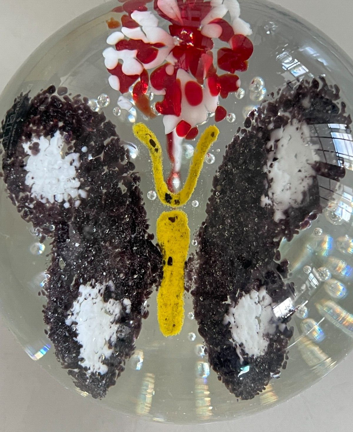 Gentile Glass Purple Butterfly And Flower Paperweight With Controlled Bubbles