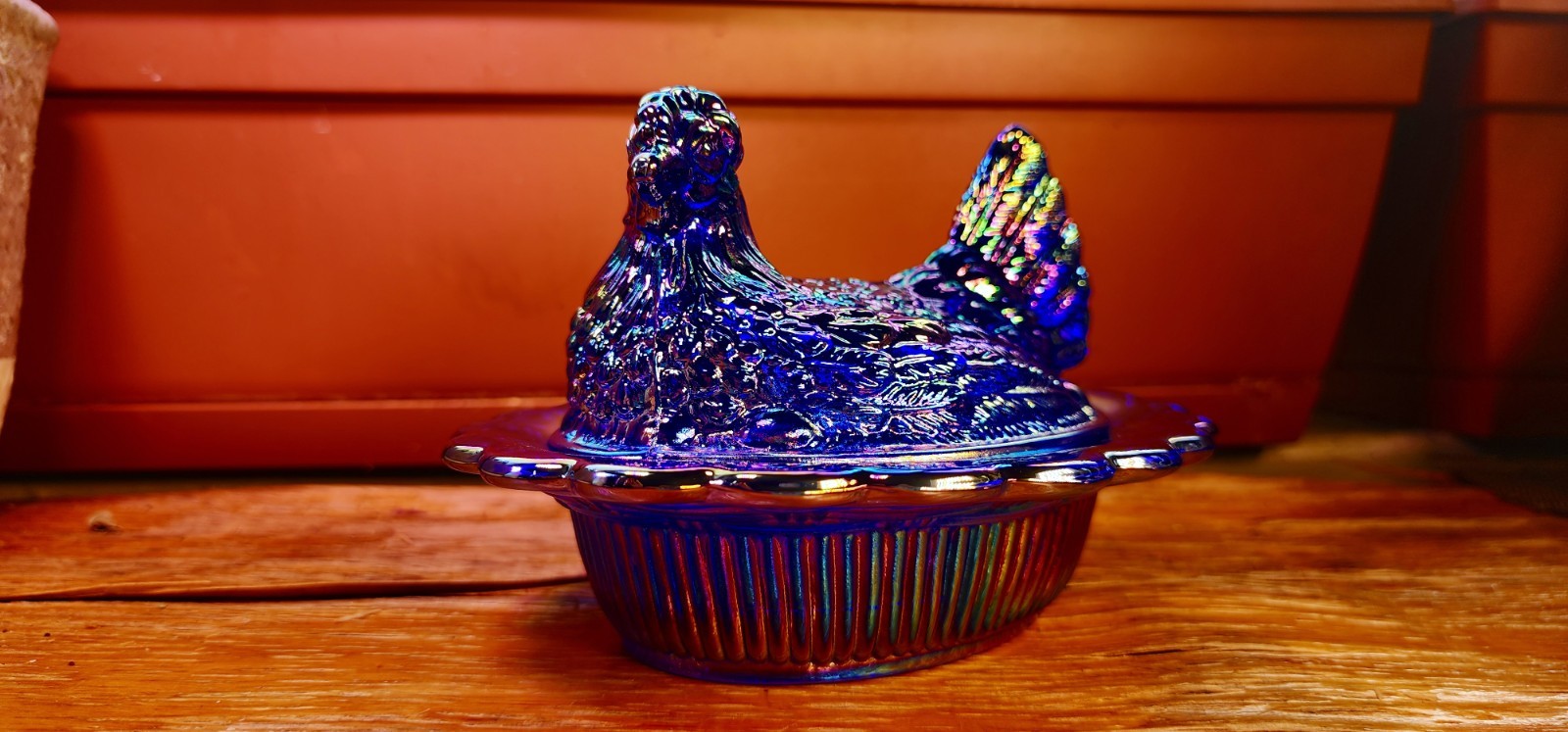 Cobalt Blue Carnival 6″ Mosser Glass Hen Jumbo Chicken Covered on Wide Rim Base
