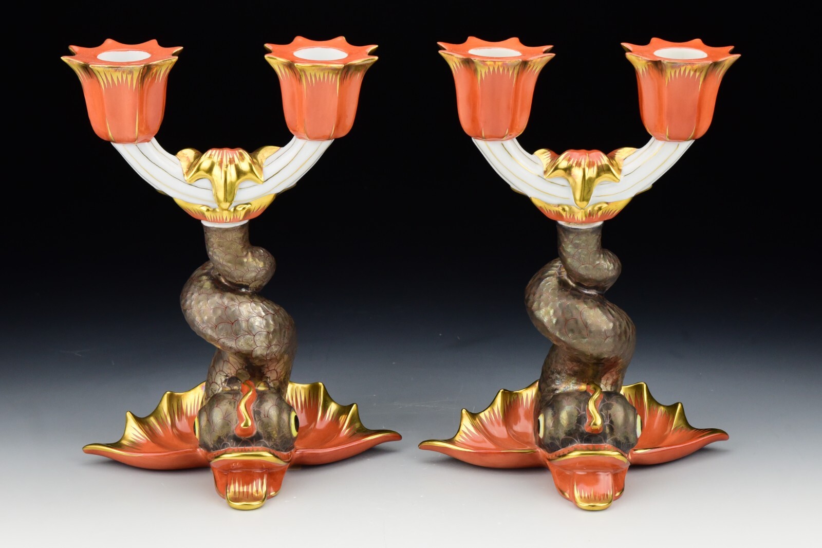 Pair Herend Porcelain Candlesticks Rust Koi Fish Dolphin 2-Lite 7933