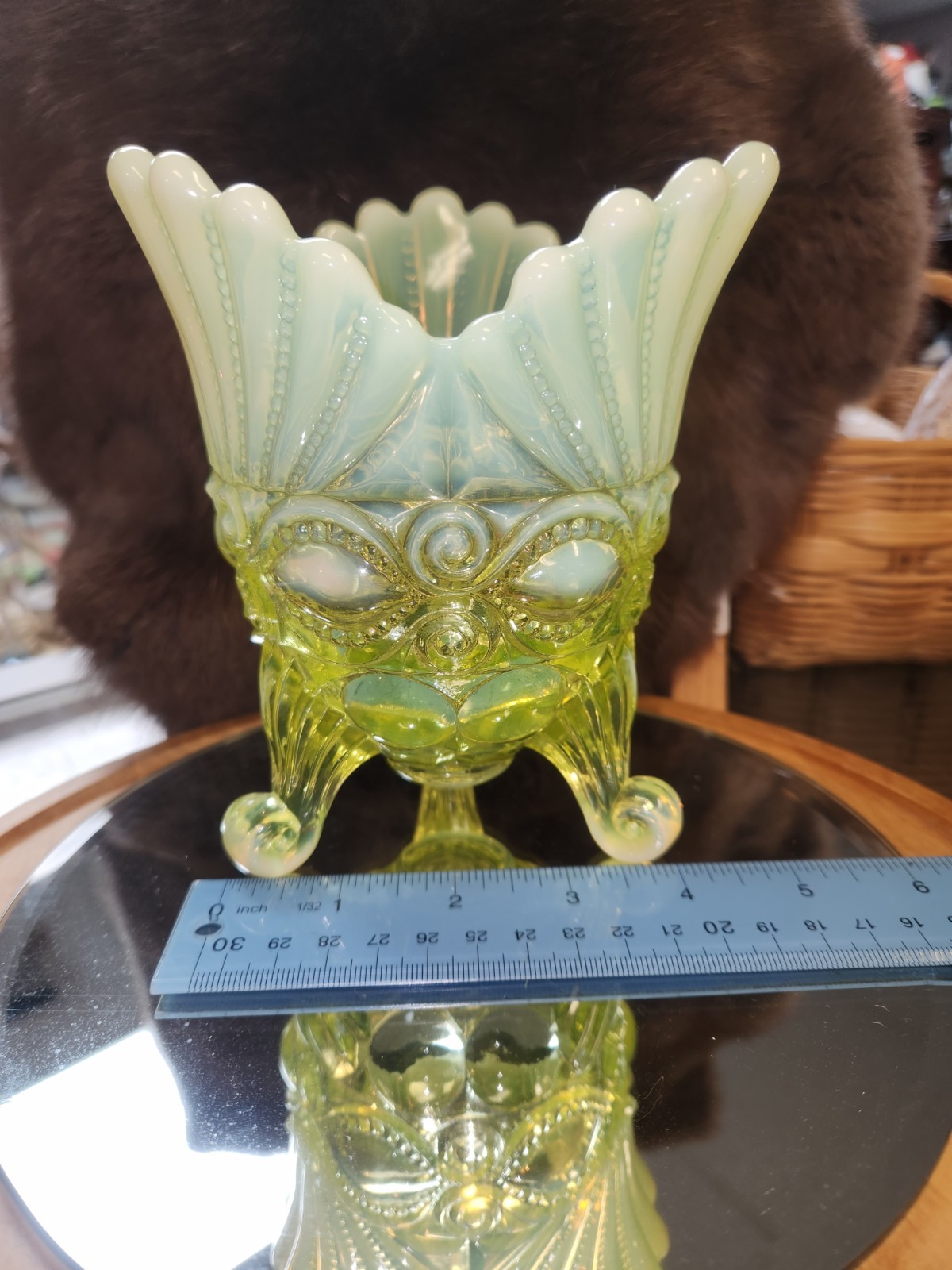 Mosser Opalescent Vaseline Uranium “Eye Winker” Footed Spooner