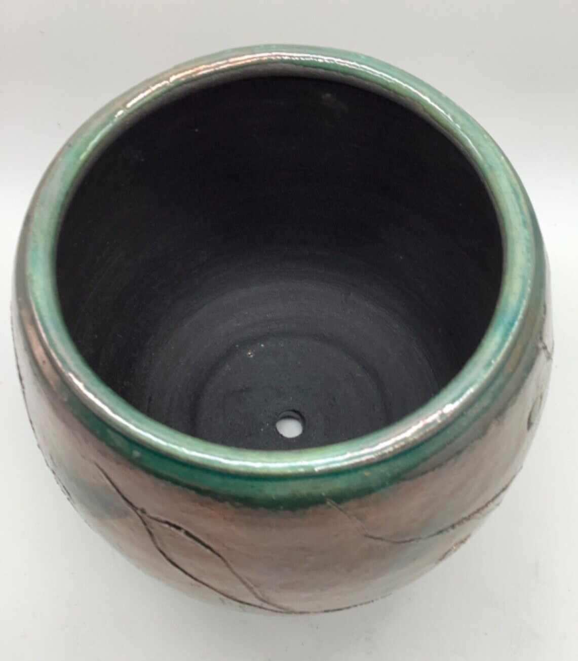 Art Pottery Vase Metallic Copper Luster Iridescent Glaze Green, 6”