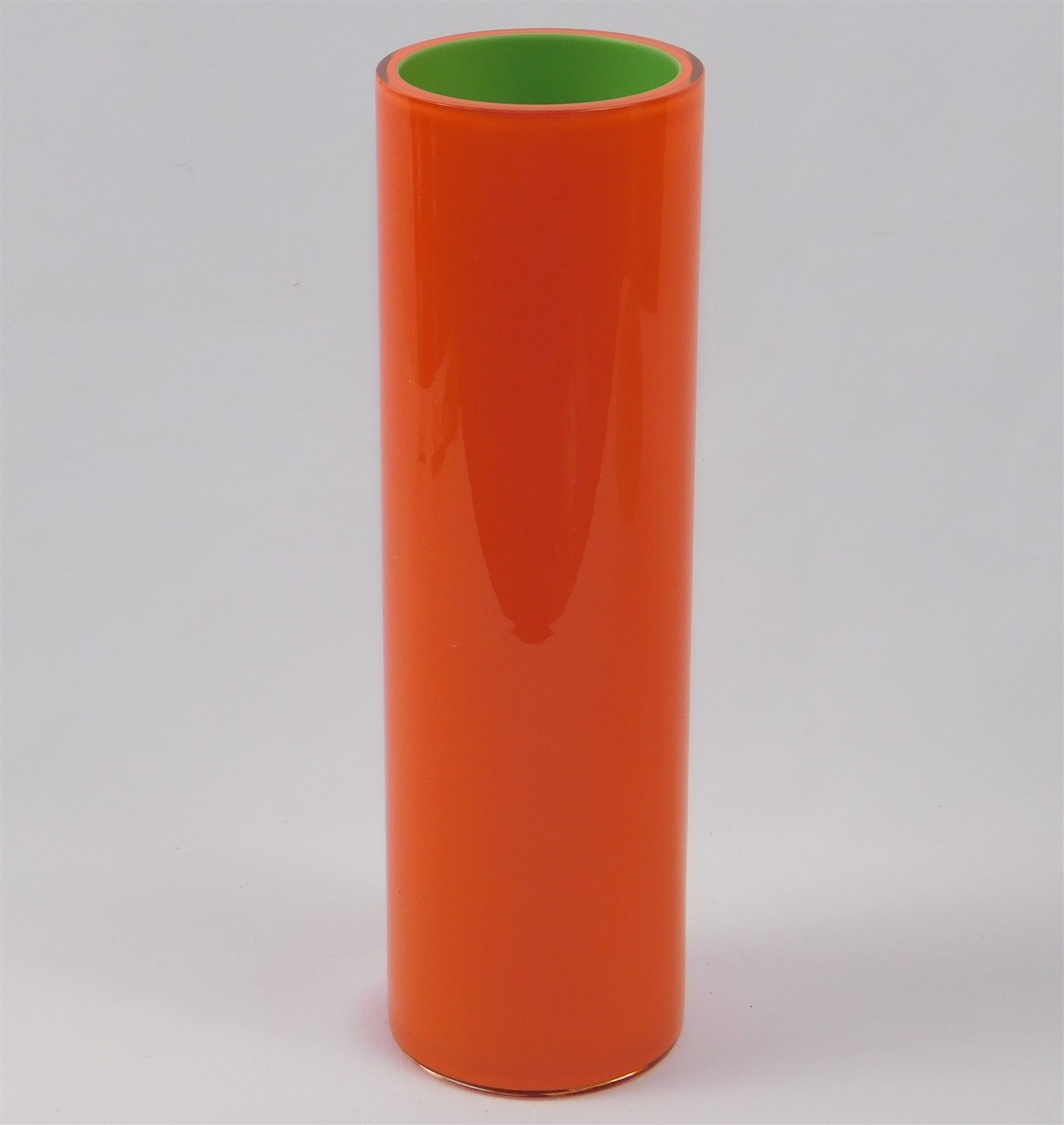 Vtg Scandinavian Cased Glass Cylinder Vase Orange and Lime Green 9″
