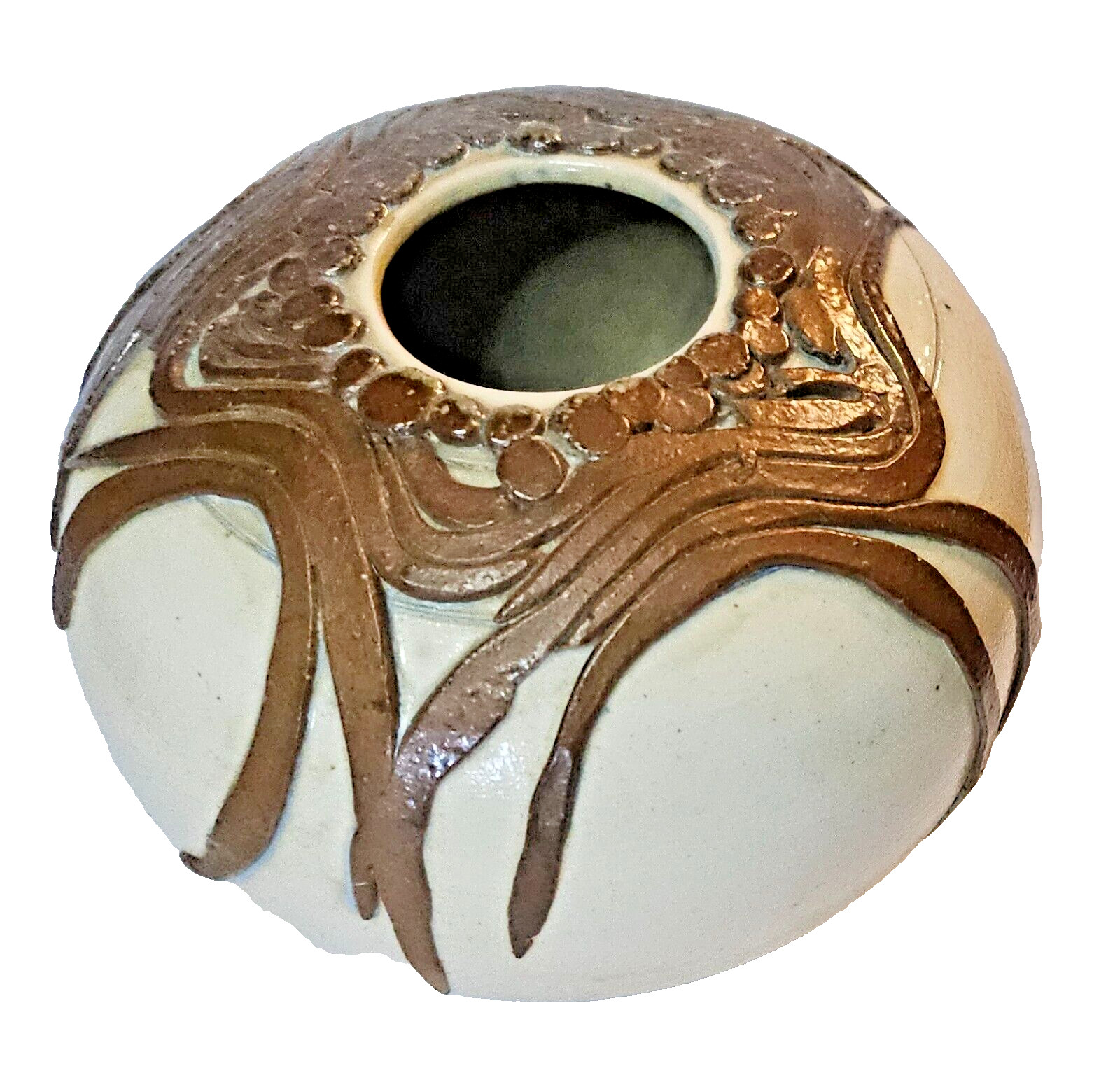 Pottery-ROTUND TEXTURED CLAY VASE 5″D X 4″H UNBRANDED OR SIGNED GLOSS + MATT FIN