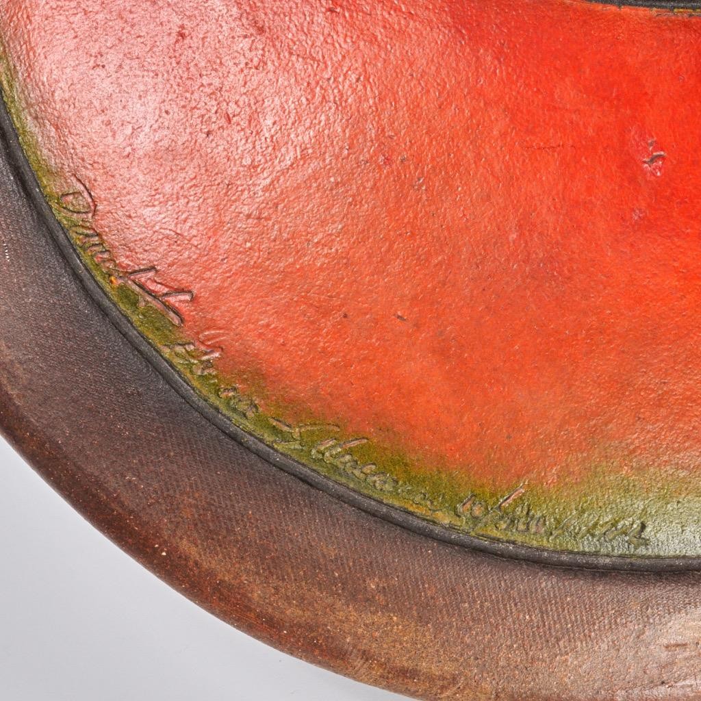Studio Pottery Stoneware Wall Pocket Orange Green Glaze Artist Signed 14″ dia.