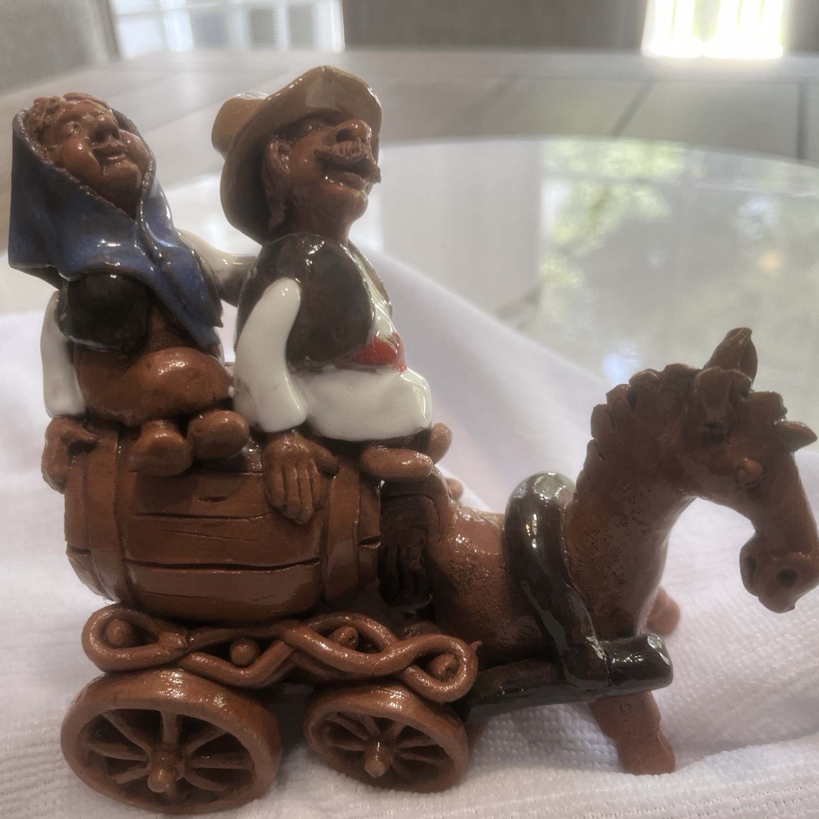 Clay Pottery Ceramic Figurine Man Pulling a Barrel wagon elderly man & women