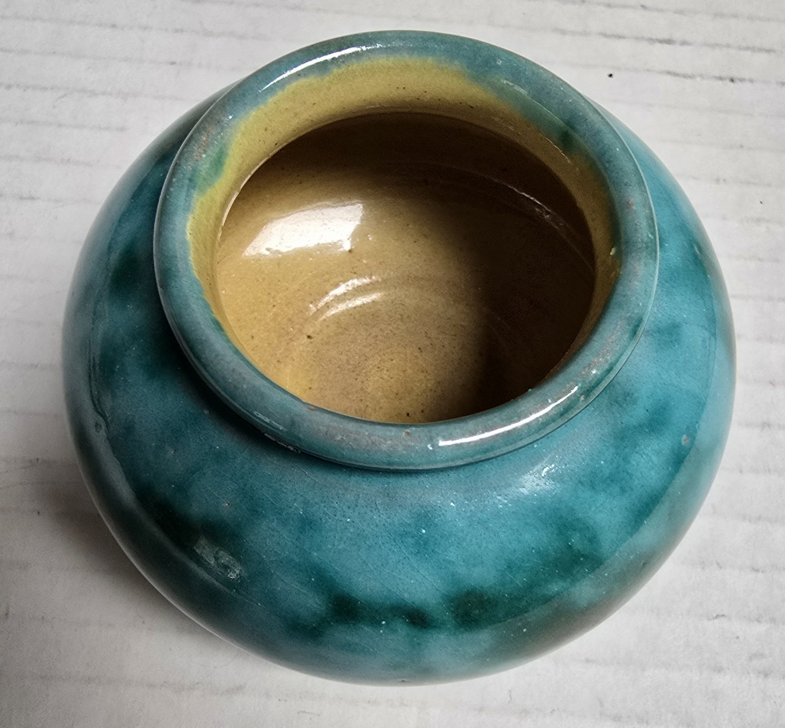 1900’s Anton Lang Pottery Mottled Blue & Green Glaze Vase Signed & Paper Label