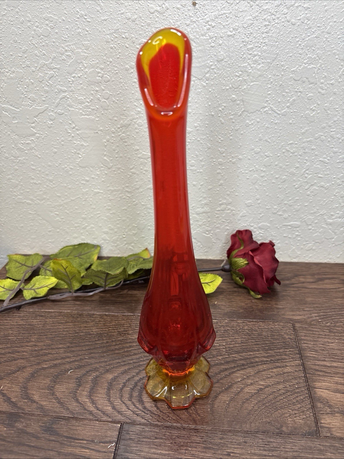 Fenton Valencia Swung Glass 6 Petal Base 11.5” Vase Amberina Persimmon Orange