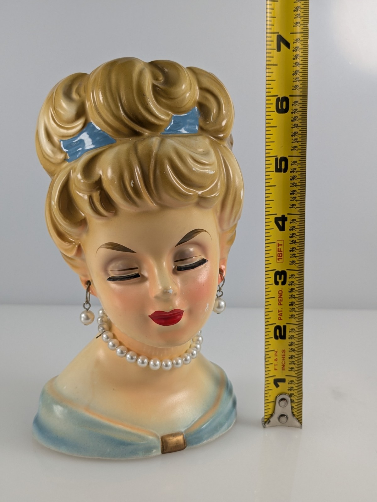 Vintage Lady Head Vase Glossy Cold Pink Cheek Blue Dress & Hair Original Jewelry