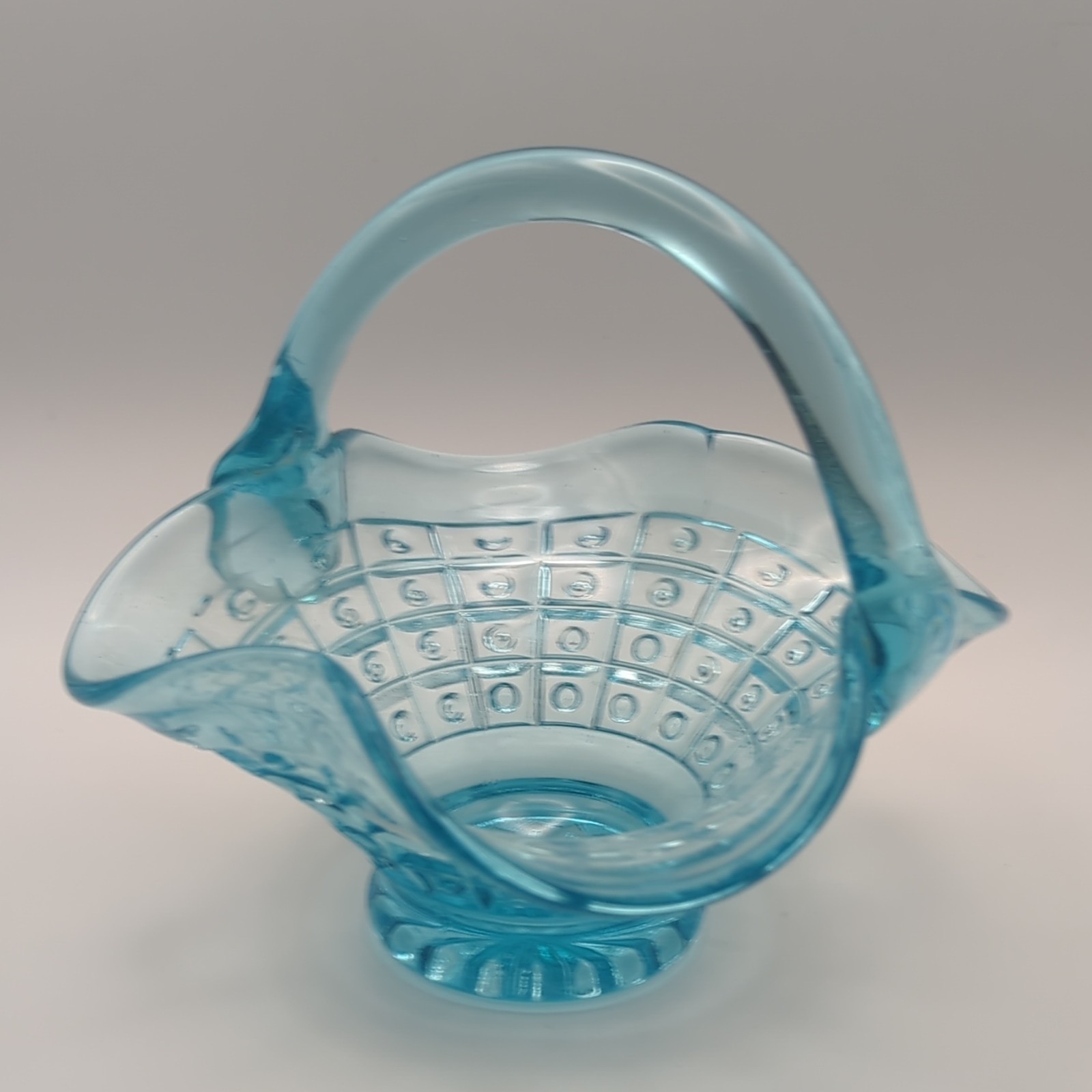 Blue Textured Pressed Glass Decorative Basket w/ Handle Ruffled Rim 6x6x6