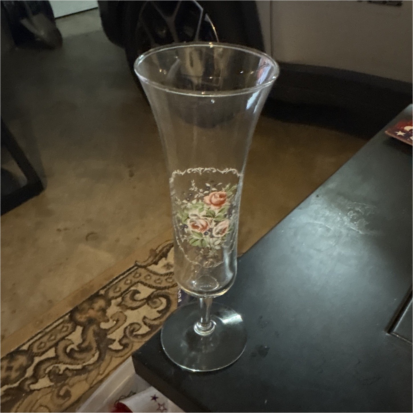 Unmarked Clear Glass Bud Vase, Floral Rose Decal, Pink Green White