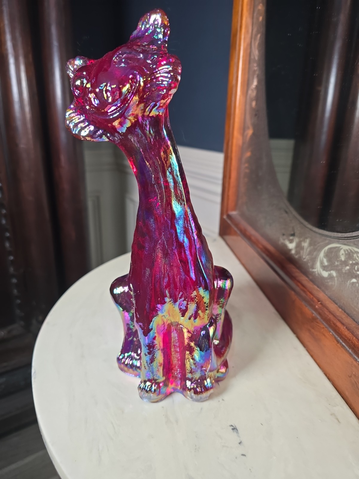 VNTG Fenton Iridized Red Carnival Glass Alley Cat Large 11″ HEAVY Iridescence