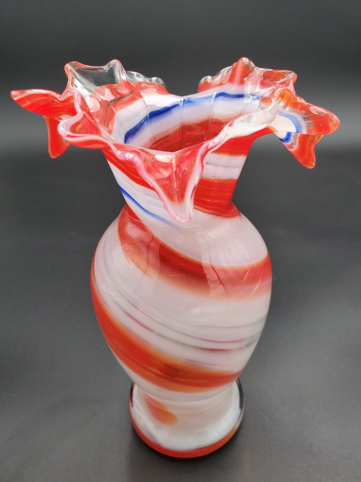 Vintage Murano Style Hand-Blown Art Glass Ruffled Swirl Vase — Patriotic Red, Wh