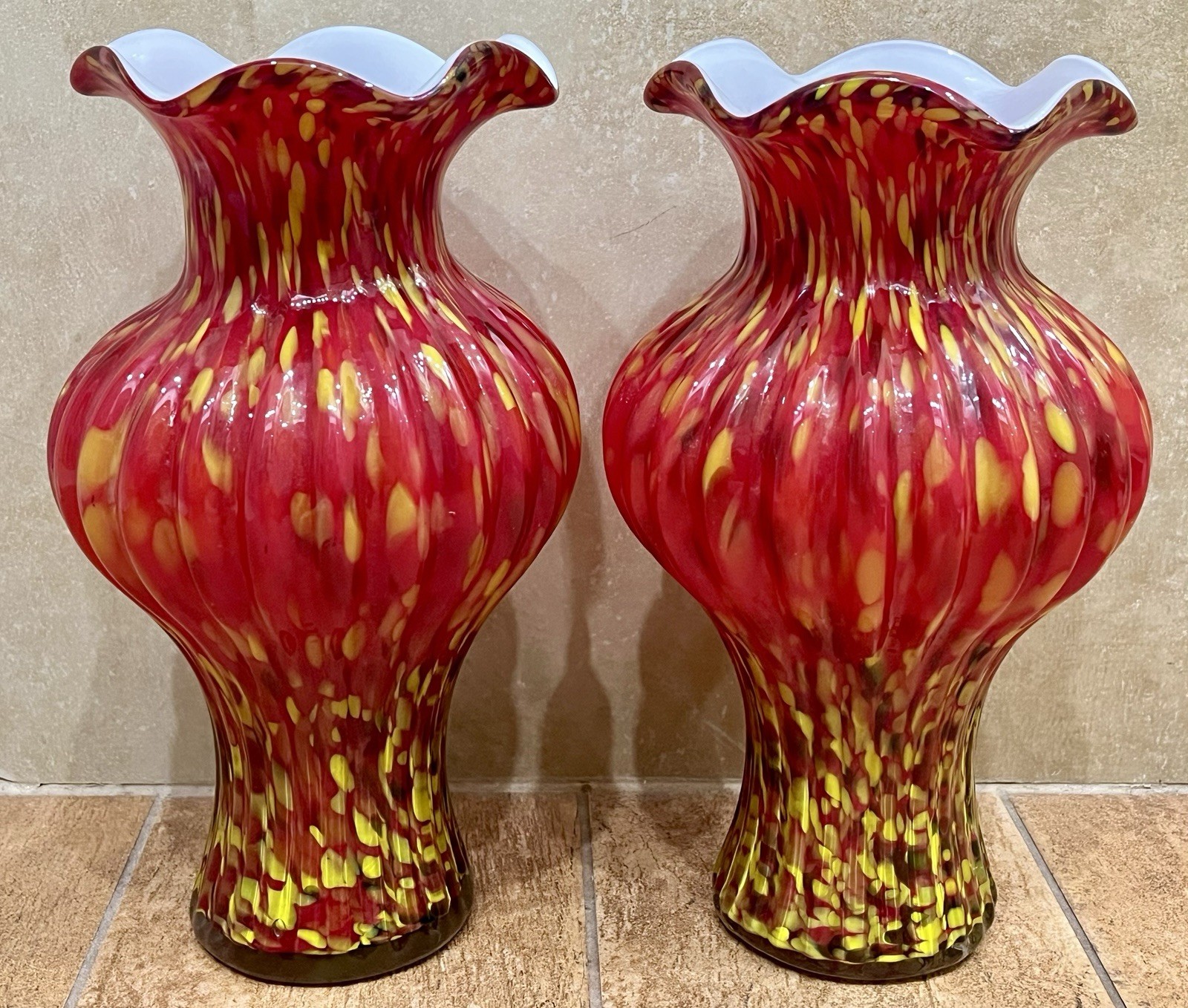 Pair of Matching MCM Czech Bohemian Splatter Confetti Hand Blown Art Glass Vases