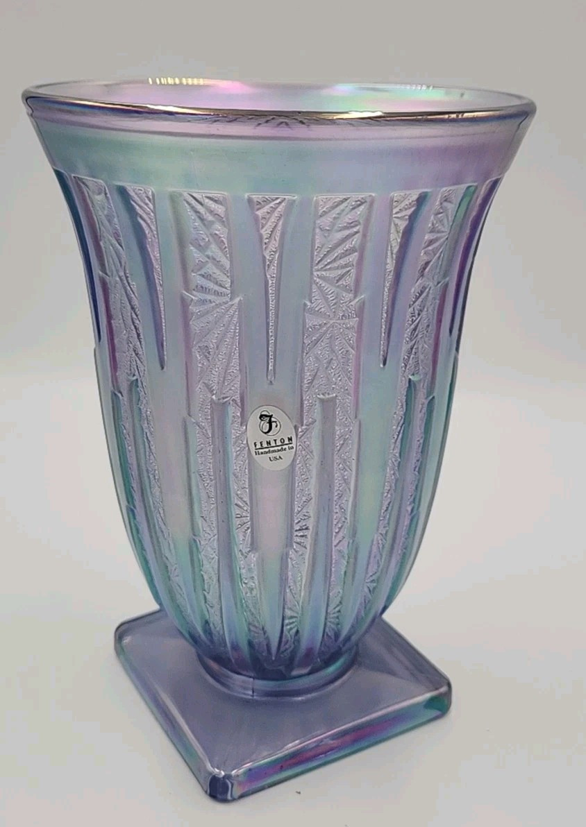 RARE FENTON Verlys Lance Violet Satin Carnival Iridescent Vase 8″ T