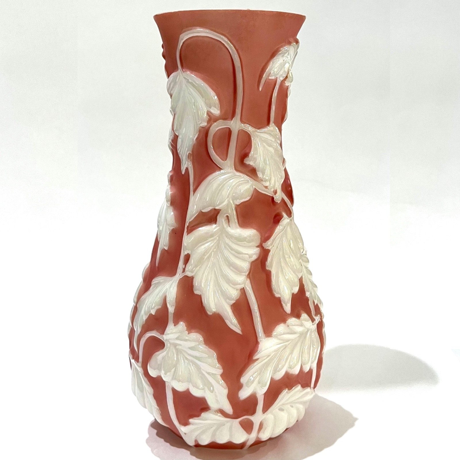 1930’s Phoenix Cameo Glass Vase – Philodendron Pattern – Dark Coral or Rose Shad
