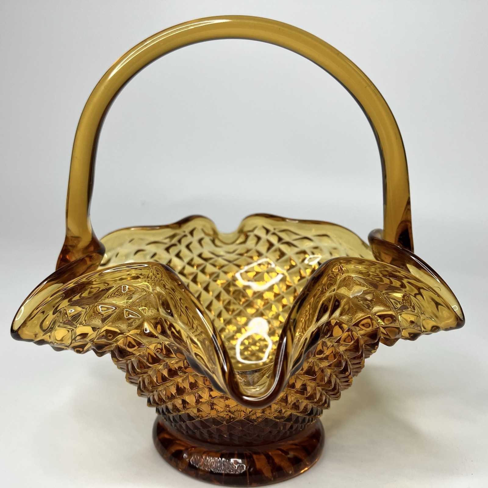 Vtg Amber Indiana Art Glass Basket Diamond Point Applied Handle Approx 6″ tall