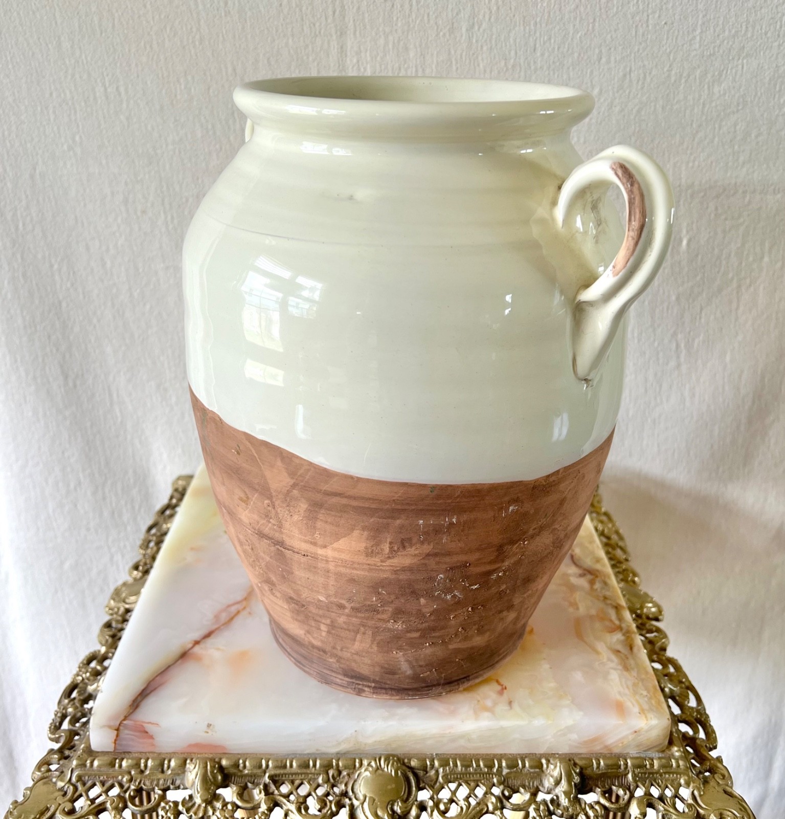 Vintage Made in Italy Large 12” Pottery Urn Vase Cream Glaze Terracotta Look