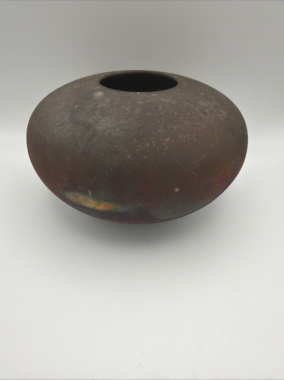 Signed Raku Fired Studio Pottery Bowl Iridescent Copper Art Pottery