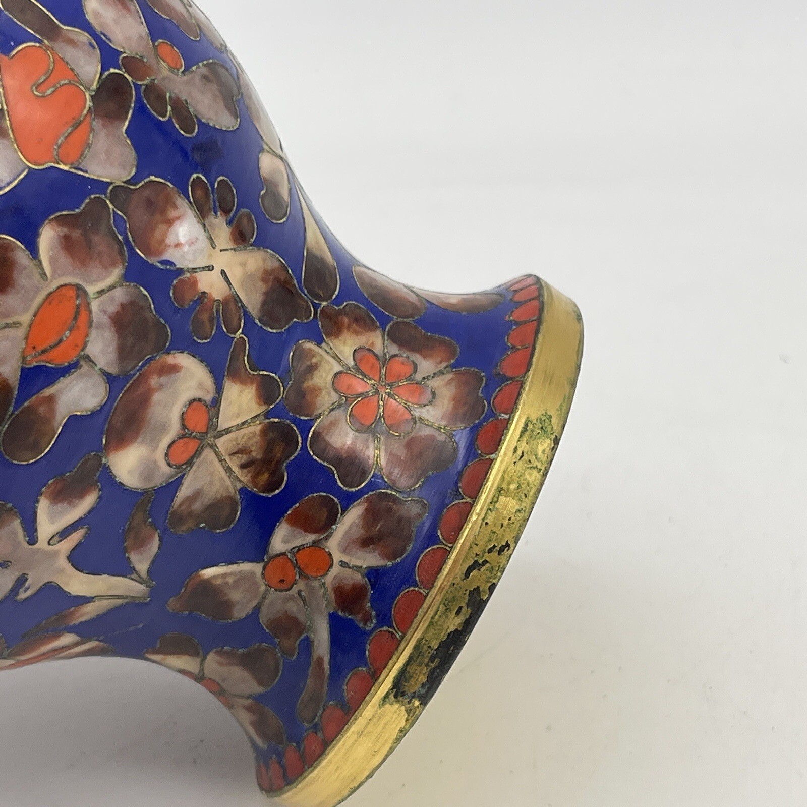 Cloisonné Vase Enameled Blue Orange Floral 8” Small Vintage