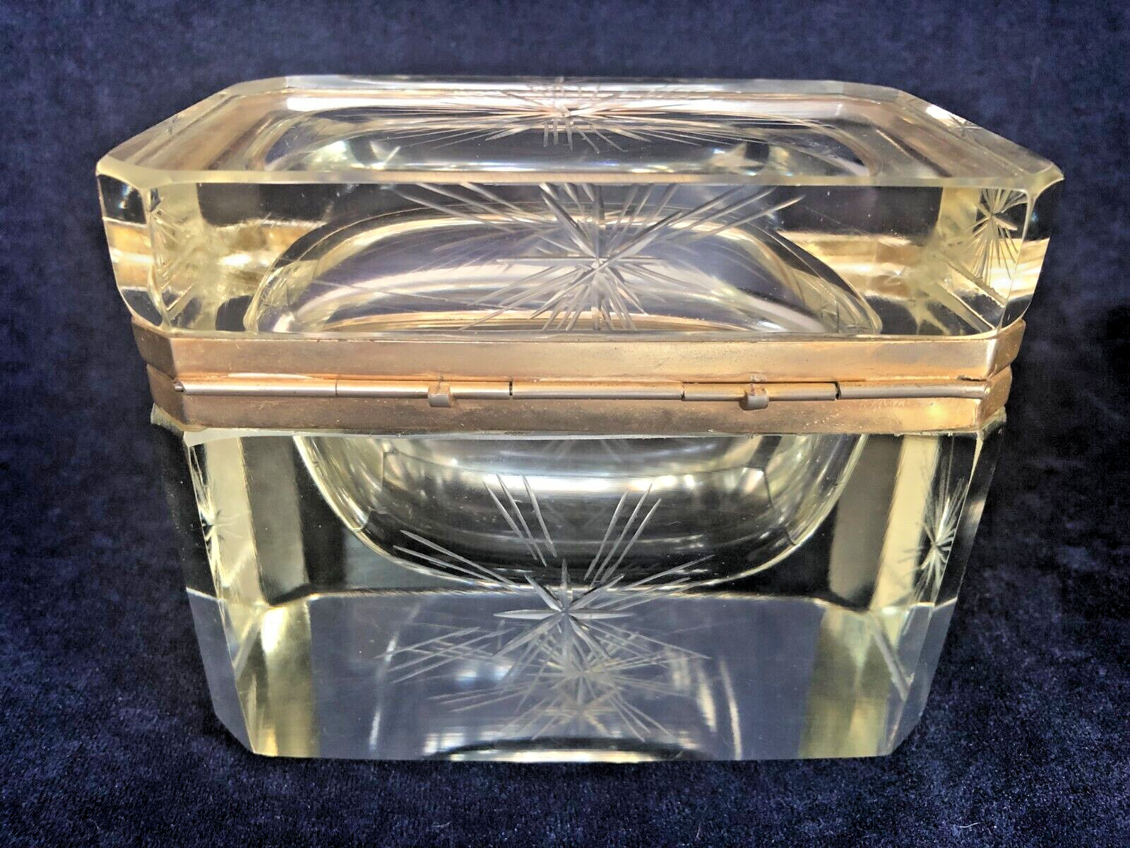 Mid Century Modern Italian Murano Hand Cut Hinged Glass Box ,Gilded Bronze Frame