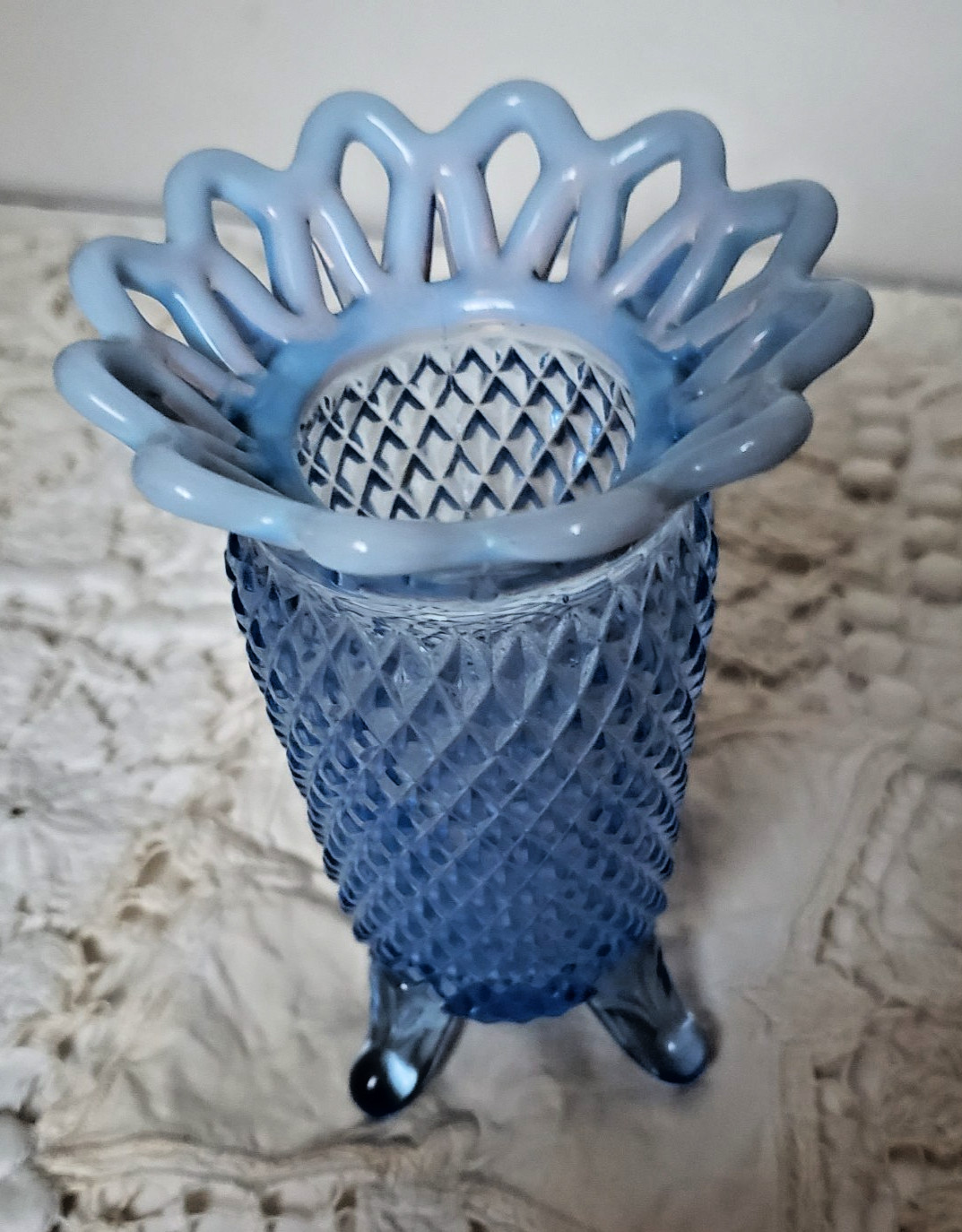 1930s Imperial Lace Edge Vase Katy Blue Four Toed Diamond Point 5 Inches