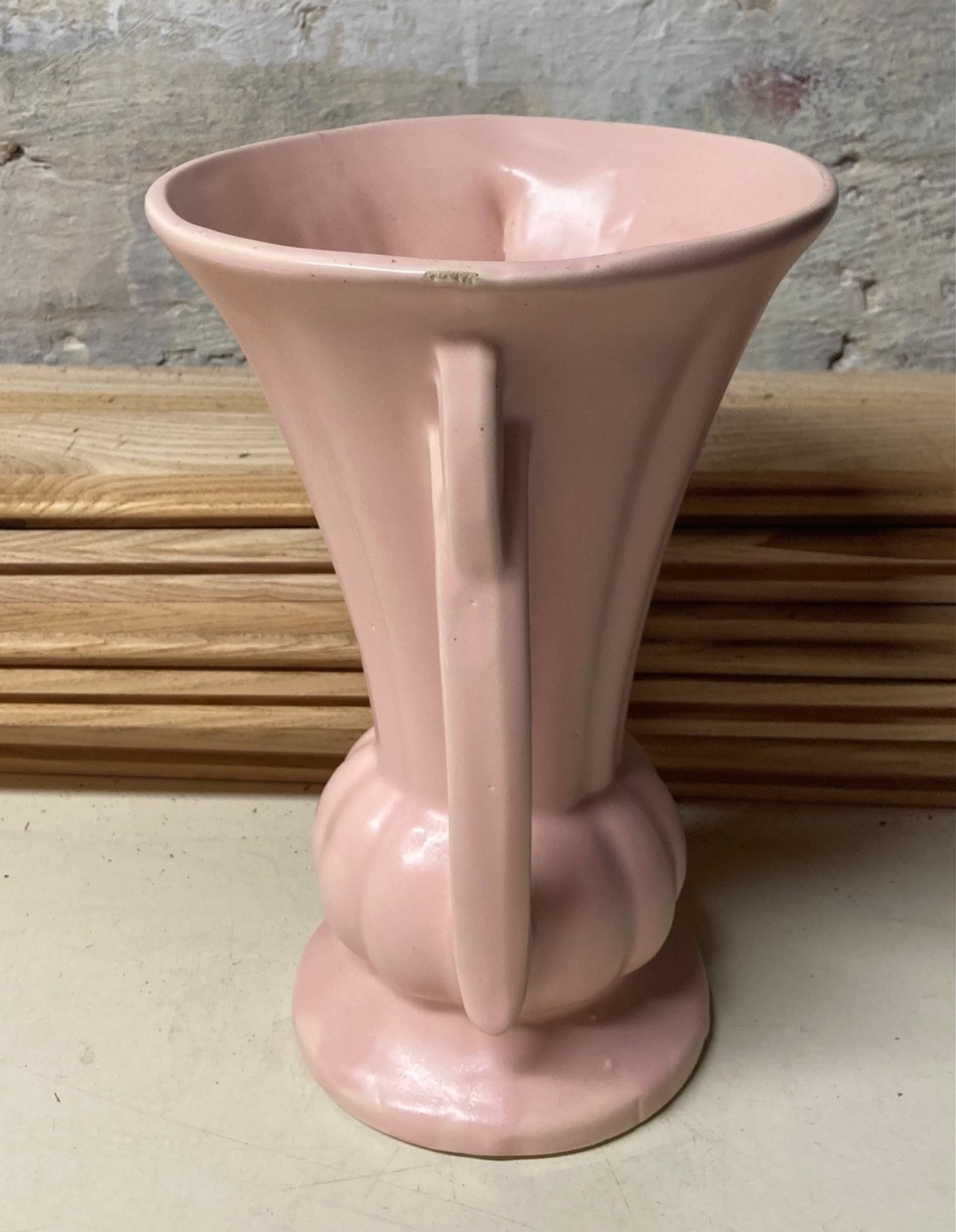 Vintage McCoy Art Pottery Pastel Pink Double Handles Panels Vase 1940’s 9 3/8″