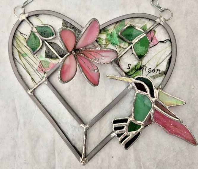 Handcrafted 3 D-Lily Flower/Stained Glass Heart/Hummingbird/New