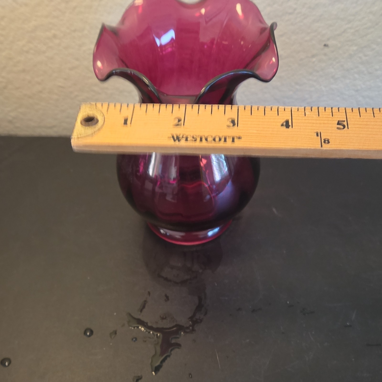 Unmarked Pink & Purple Glass Ruffled Rim Decorative Vase, 6in Tall