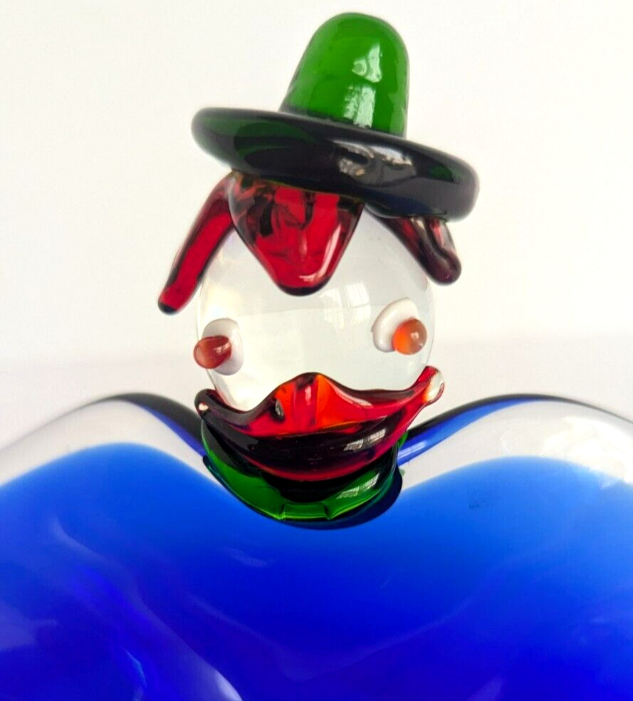 Murano Style Art Glass Candy Dish Clown Hand Blown Blue Green Red 6x5x4in