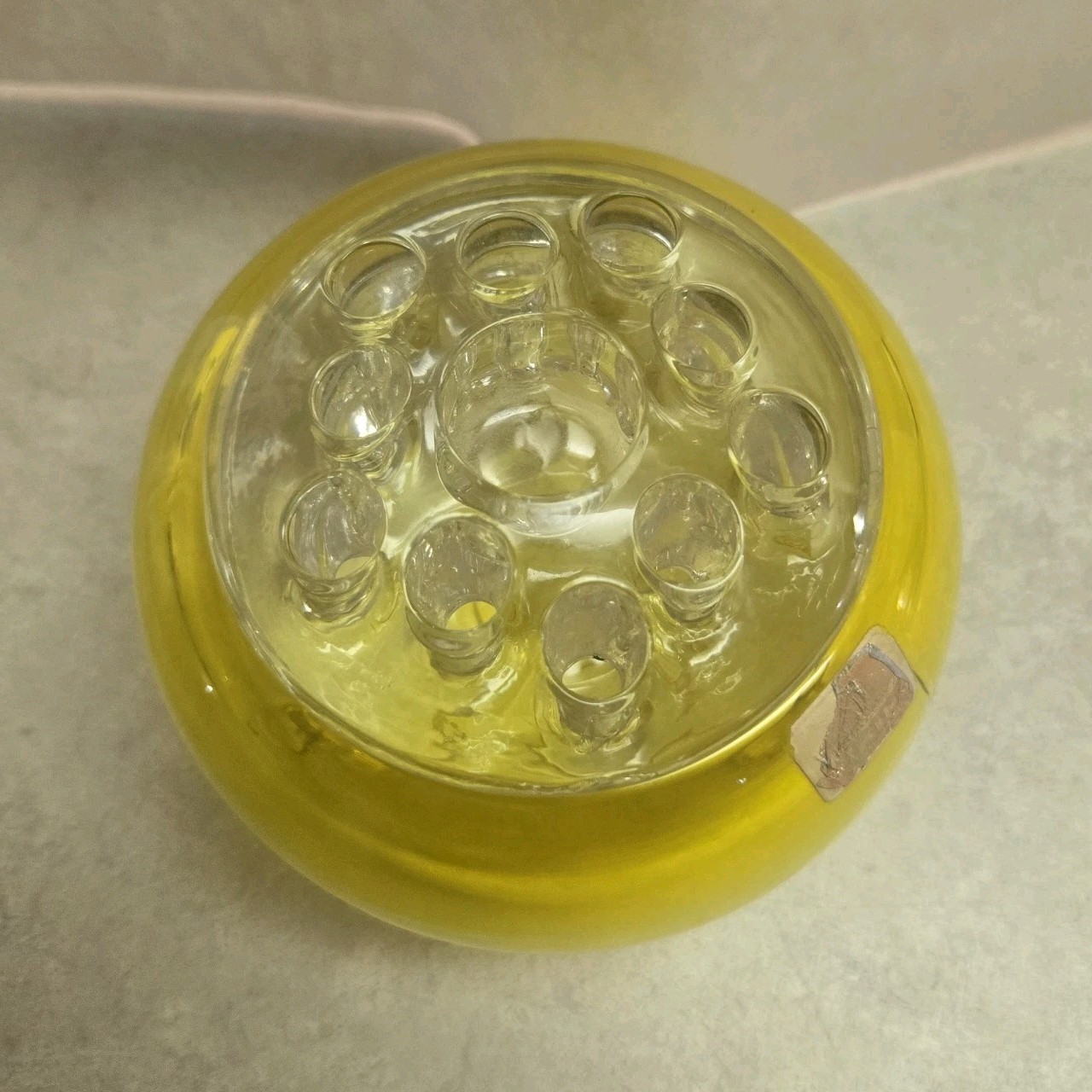 Viking FLOWERLITE Rose Bowl Vase LEMON YELLOW 3 Footed Clear Insert with LABEL
