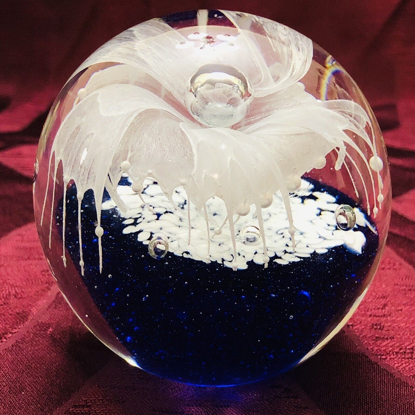 Blown Art Glass Paperweight White Lily Flower Cobalt BL. Silvestri Gift Decor ￼￼