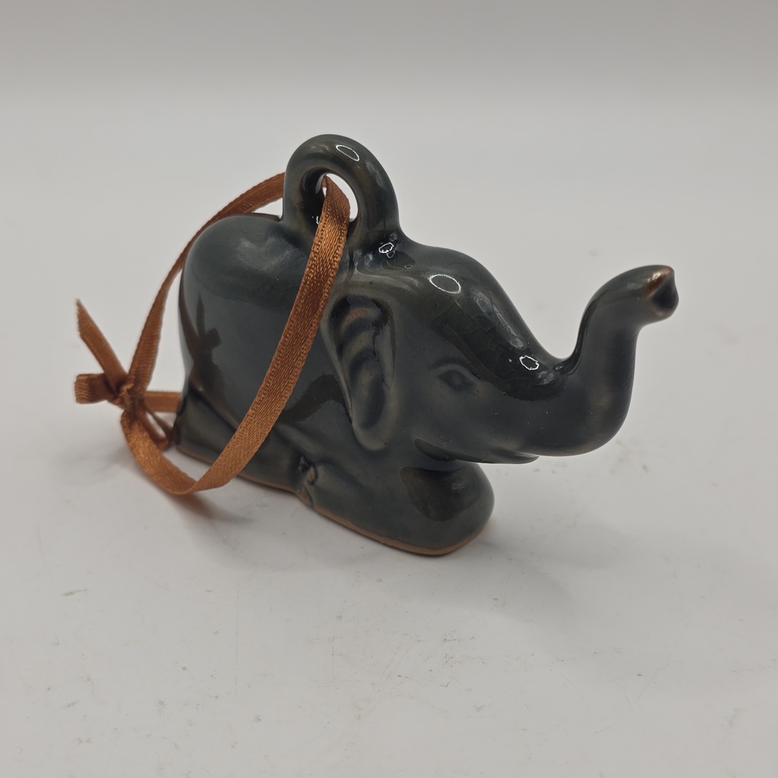 Vintage Pottery Elephant Ornament 3.5″ Unique Signed