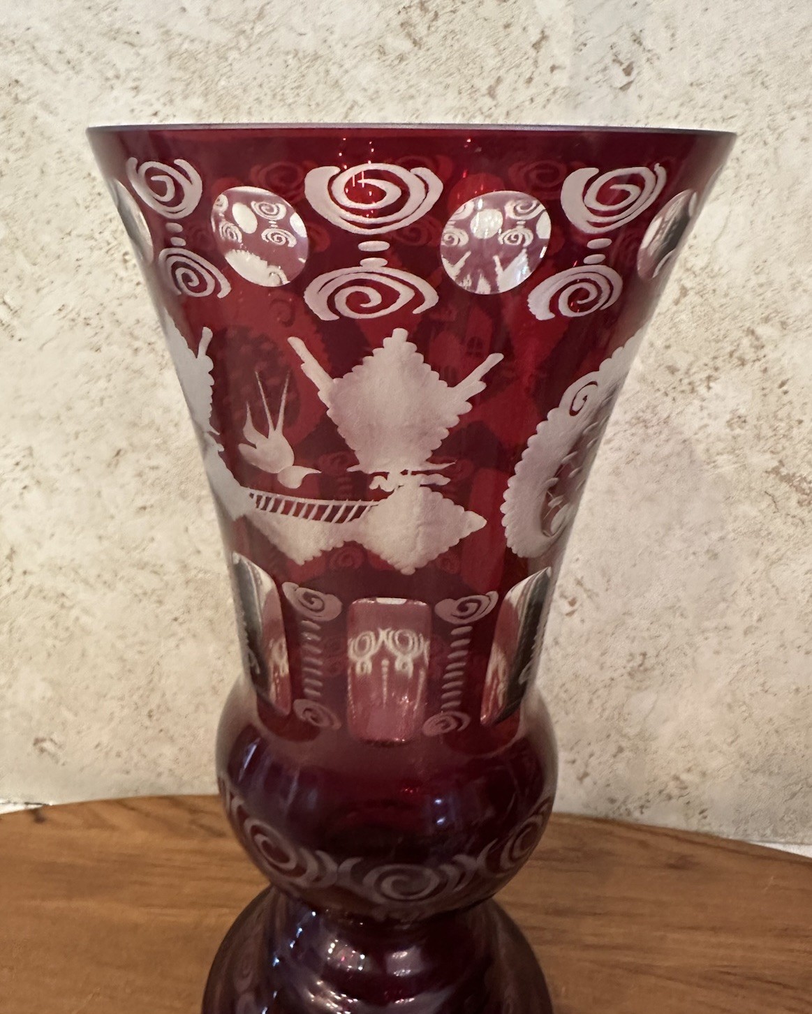 Antique Attrib. Egermann Bohemian Ruby Flash Etched Glass Vase c1900 – 12 Inches
