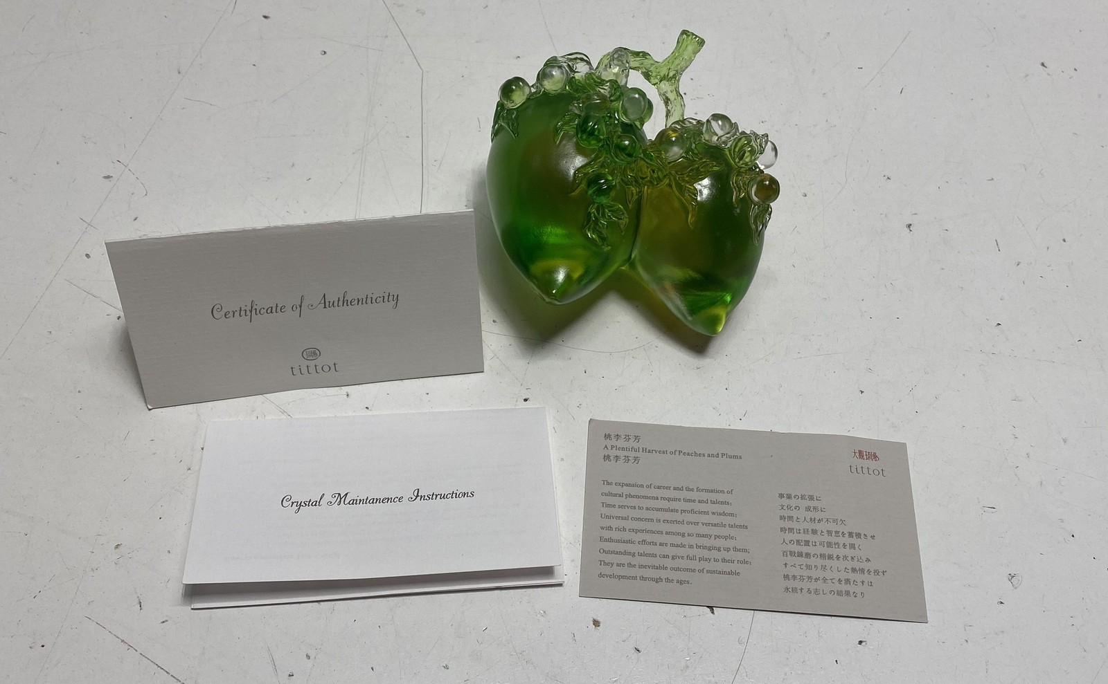 tittot Crystal Sculpture Peaches and Plums Art Glass Green Dated 2002 Box COA