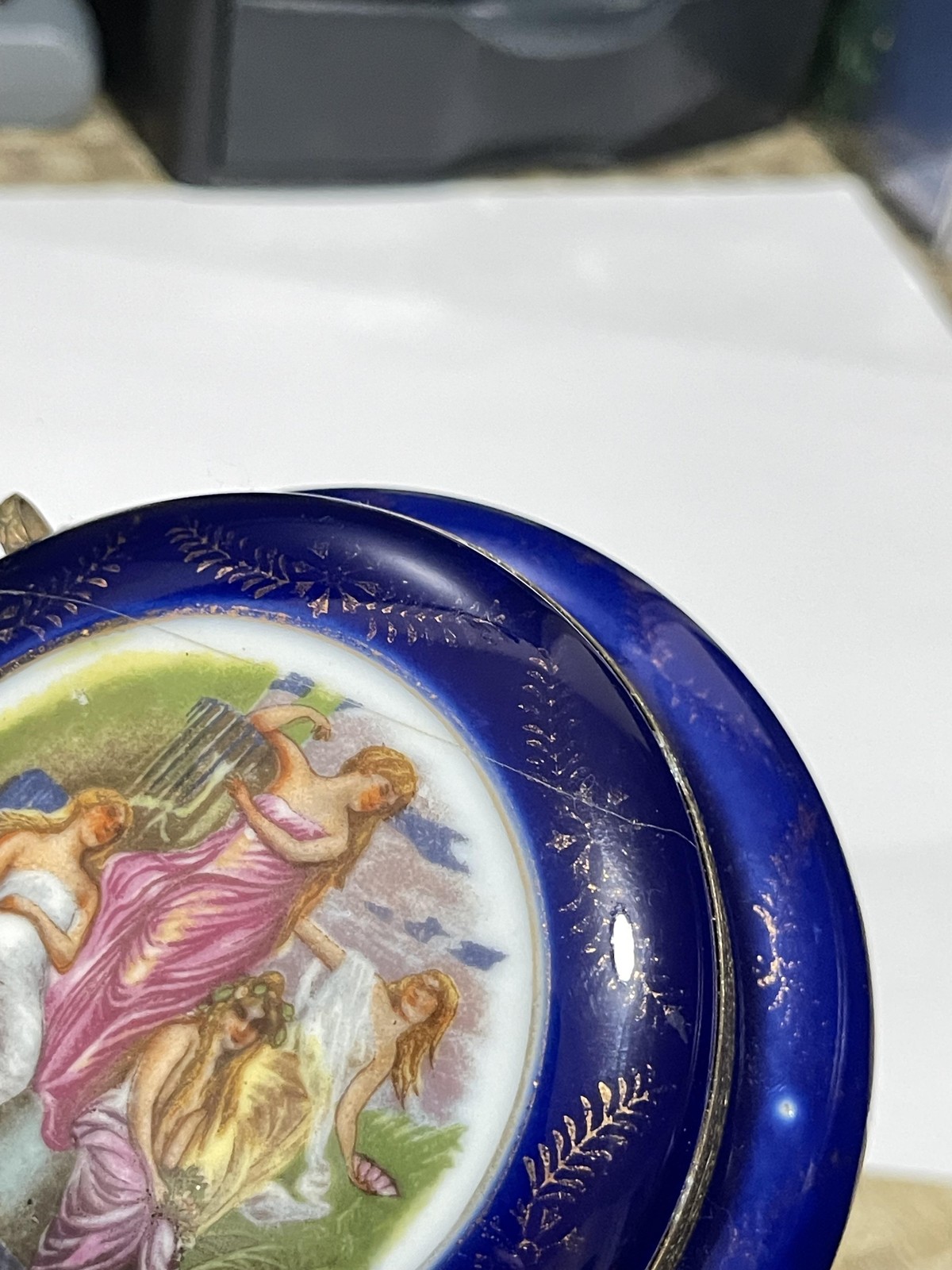 Vintage Cobalt Blue Porcelain Hinged Trinket Box Floral Victorian Scene Japan