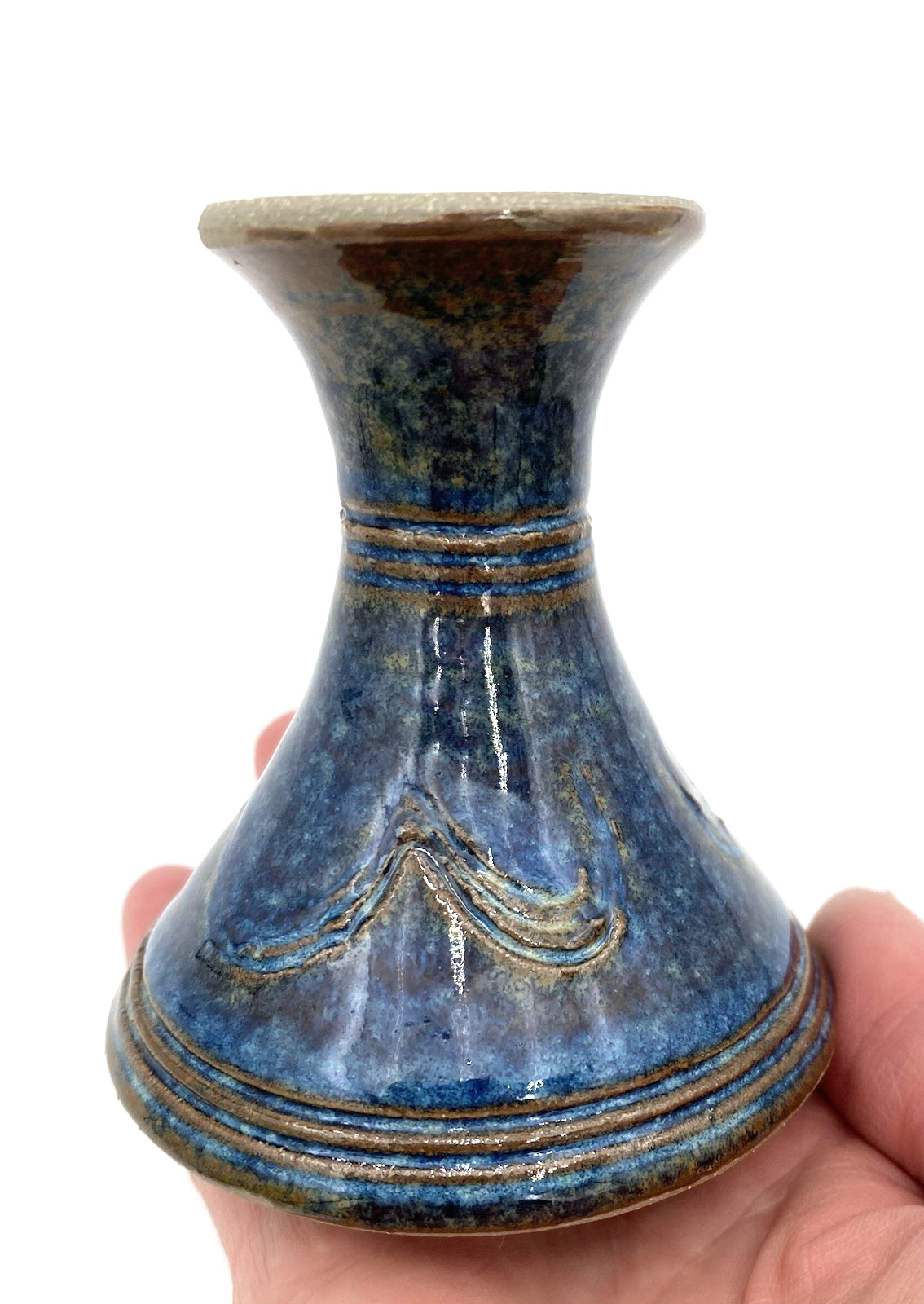 Studio Pottery Bud Vase, Blue Glaze, Brown Sgraffito Swag Design, 3.3″