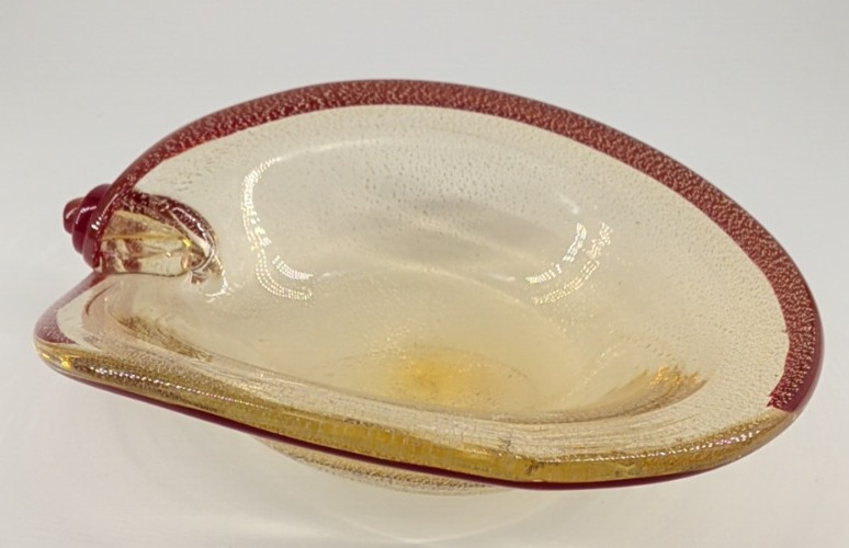 Murano Fratelli Toso Hand Blown Bowl Curled Stem Red Gold Italy Vintage Rare