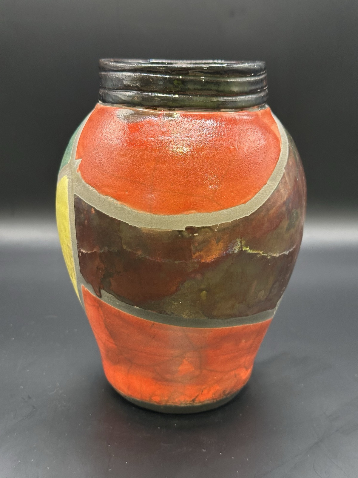 VTG RARE Signed Stamped MJA Stunning Raku Pottery Vase Vibrant Colors Excellent
