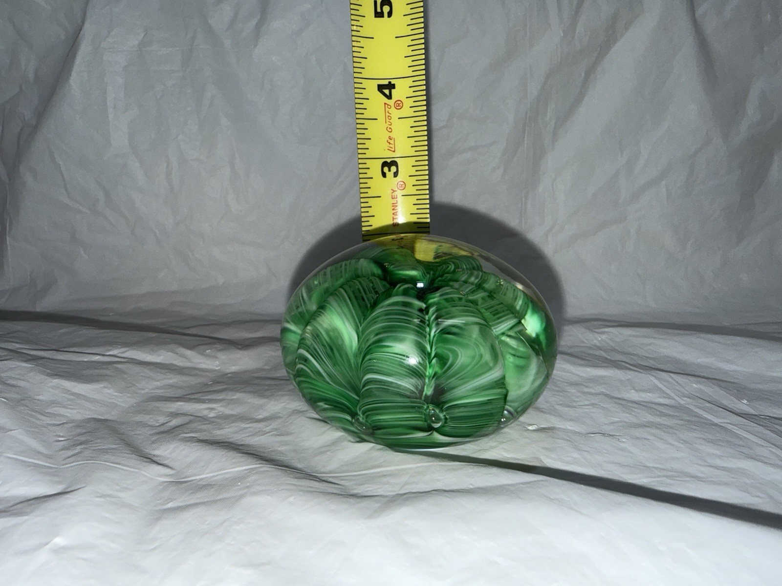 Vintage Joe St. Clair Green White Ribbon Swirl Paperweight