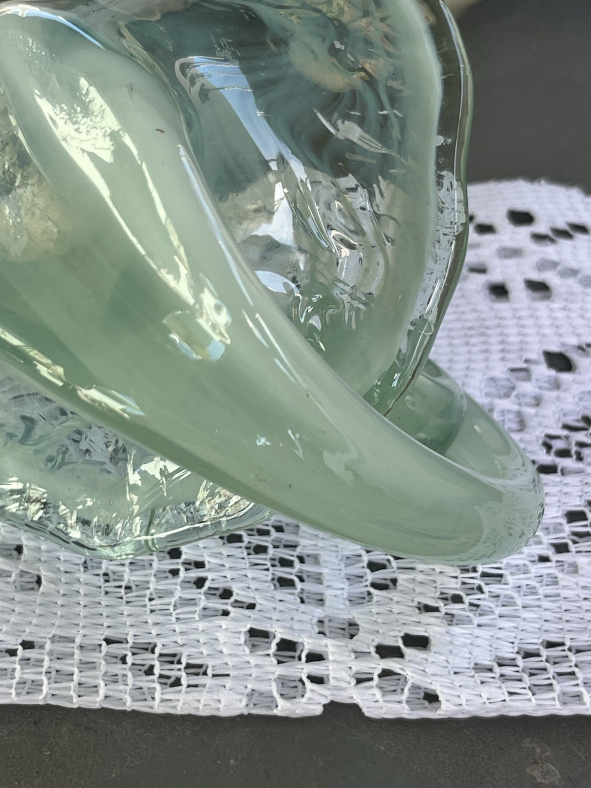 Light Green Hand Blown Milk Glass Cornucopia Basket Curved Shape Decorative